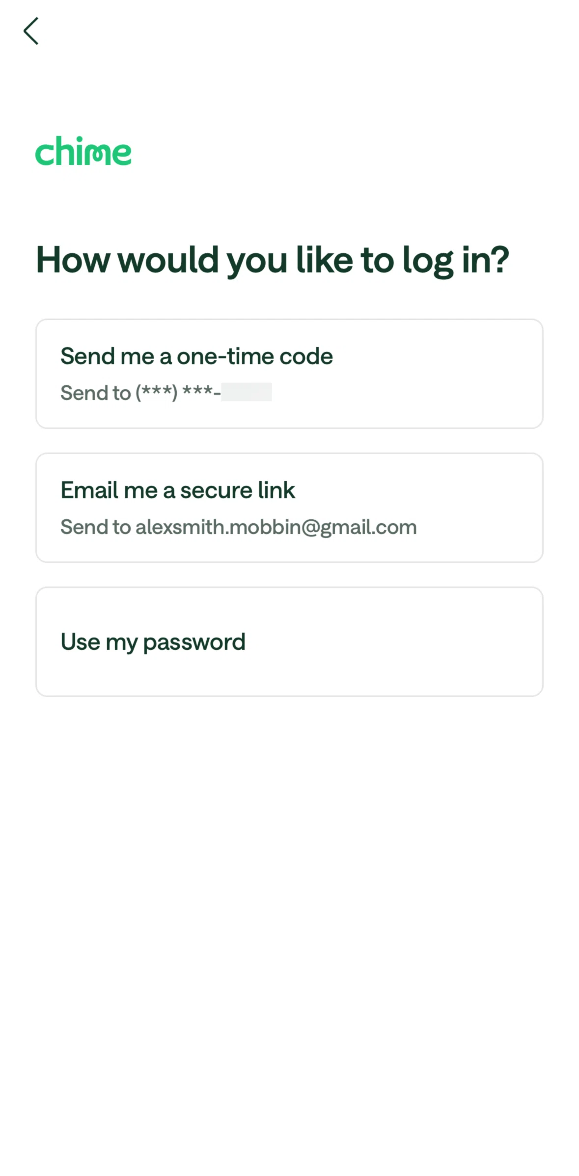 Chime Screen 1 screen in the Sending a one-time code flow