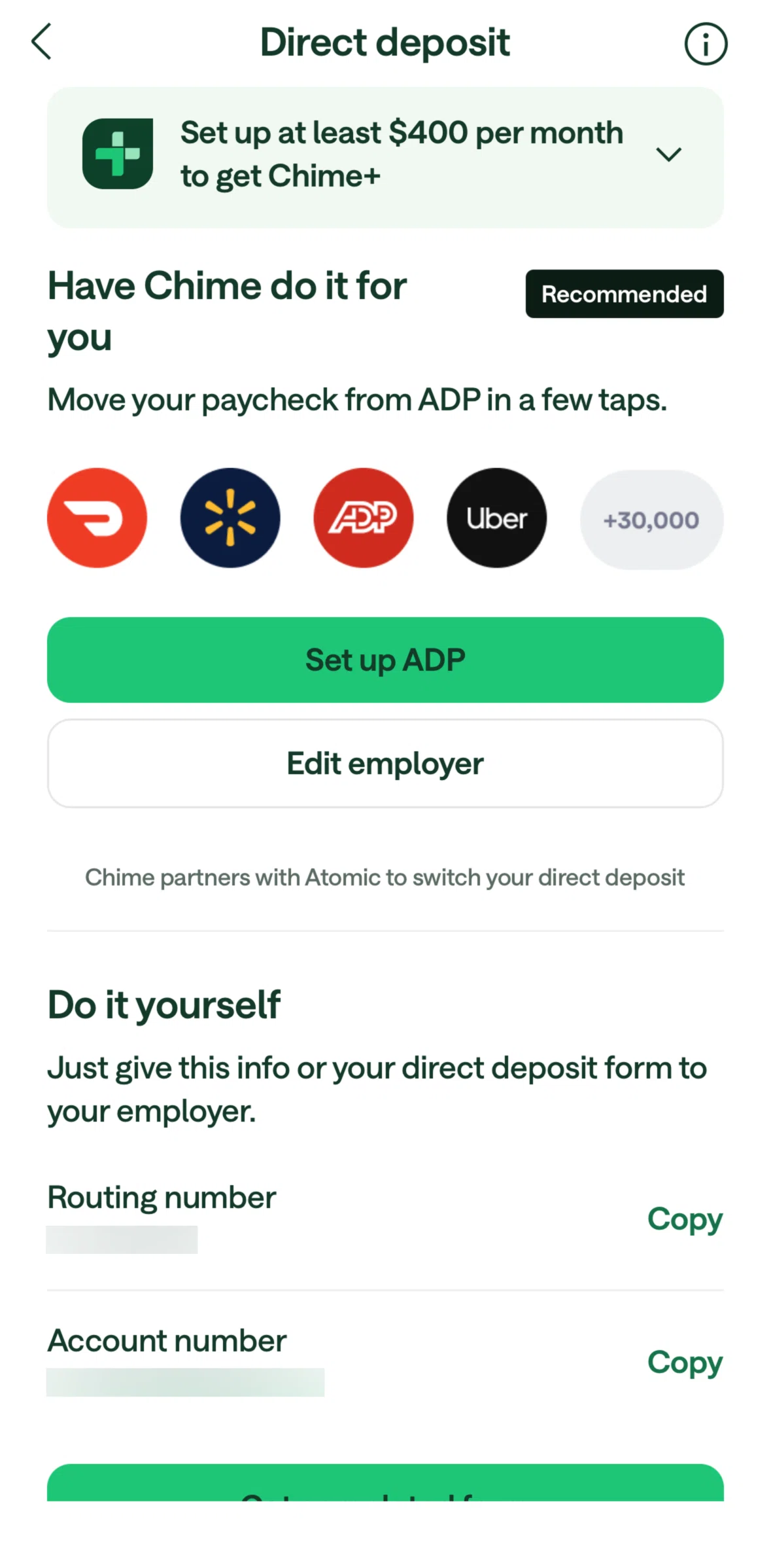 Chime Screen 1 screen in the Setting up a direct deposit flow