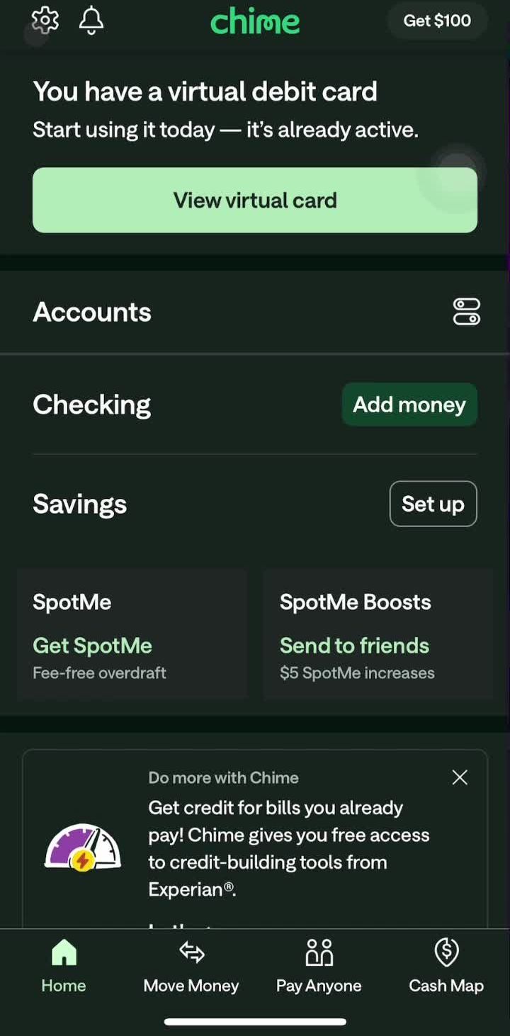Chime Home screen in the Setting Up Direct Deposit flow