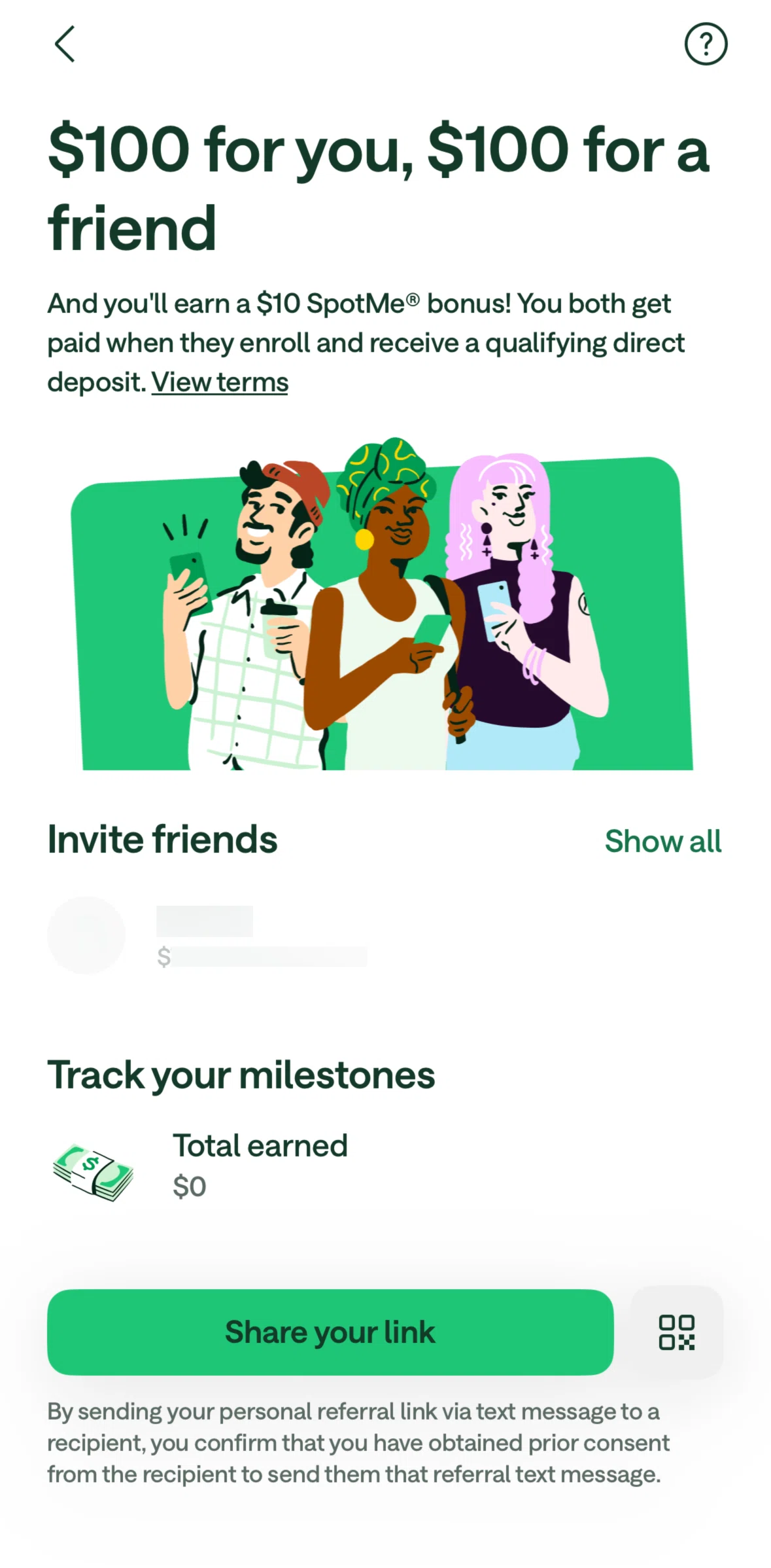 Chime Screen 1 screen in the Share a referral link flow
