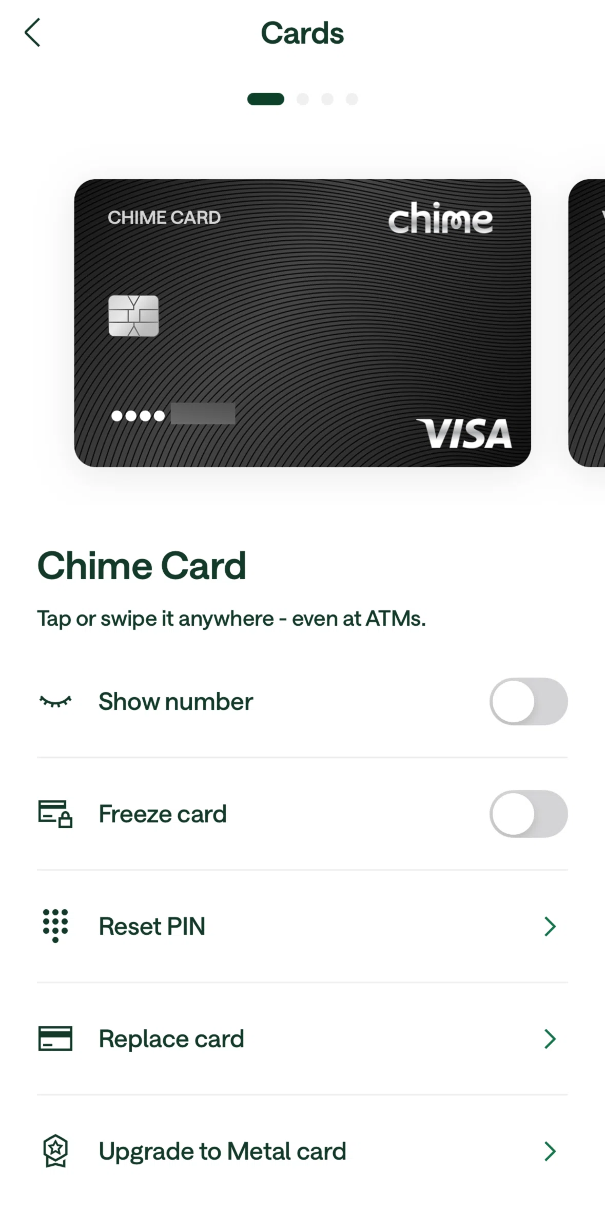 Chime Screen 1 screen in the Showing a card number flow