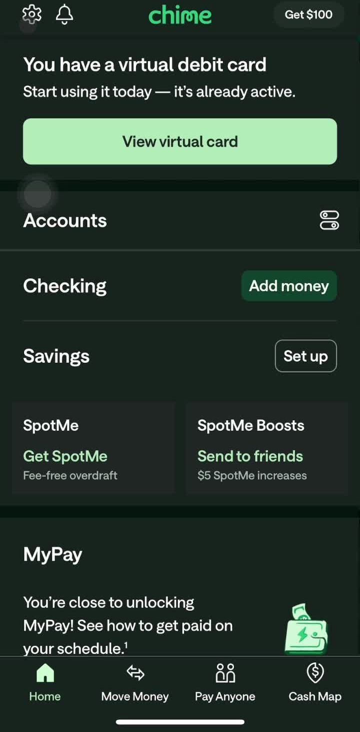 Chime Home screen in the Tracking Credit flow