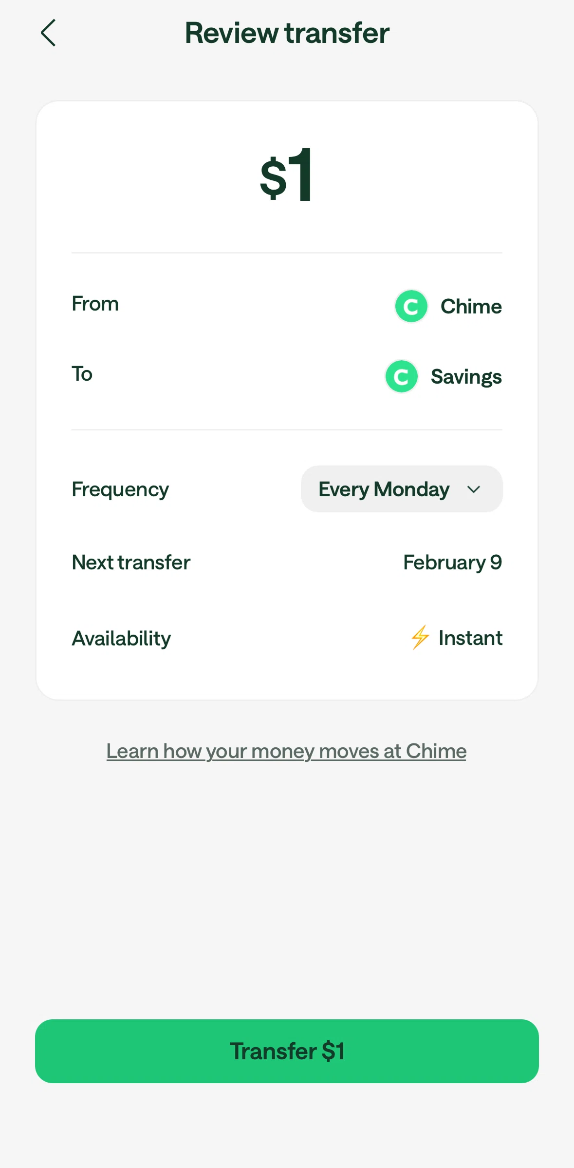 Chime Screen 1 screen in the Updating a transfer frequency flow