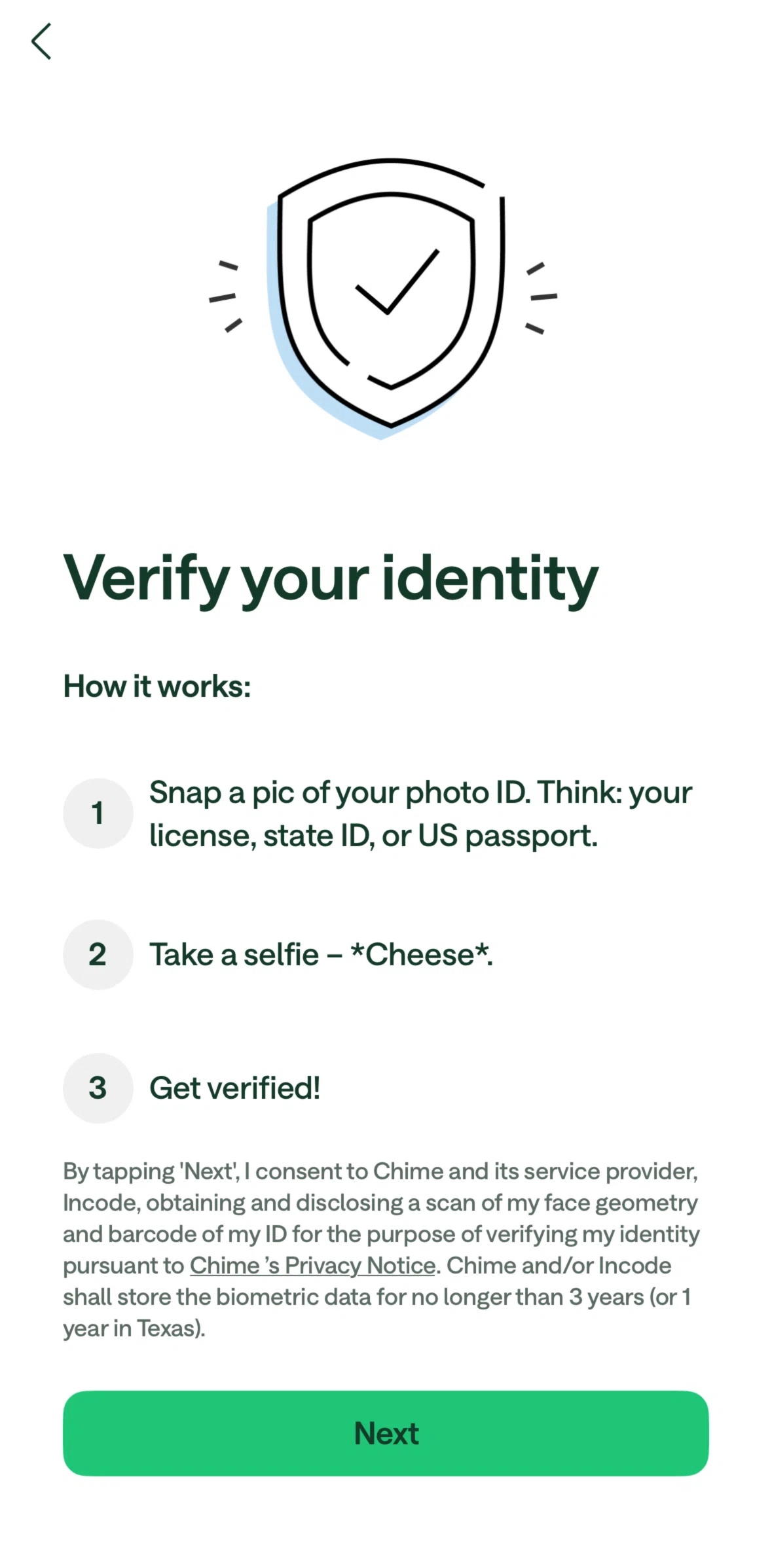 Chime Screen 1 screen in the Verifying identity flow