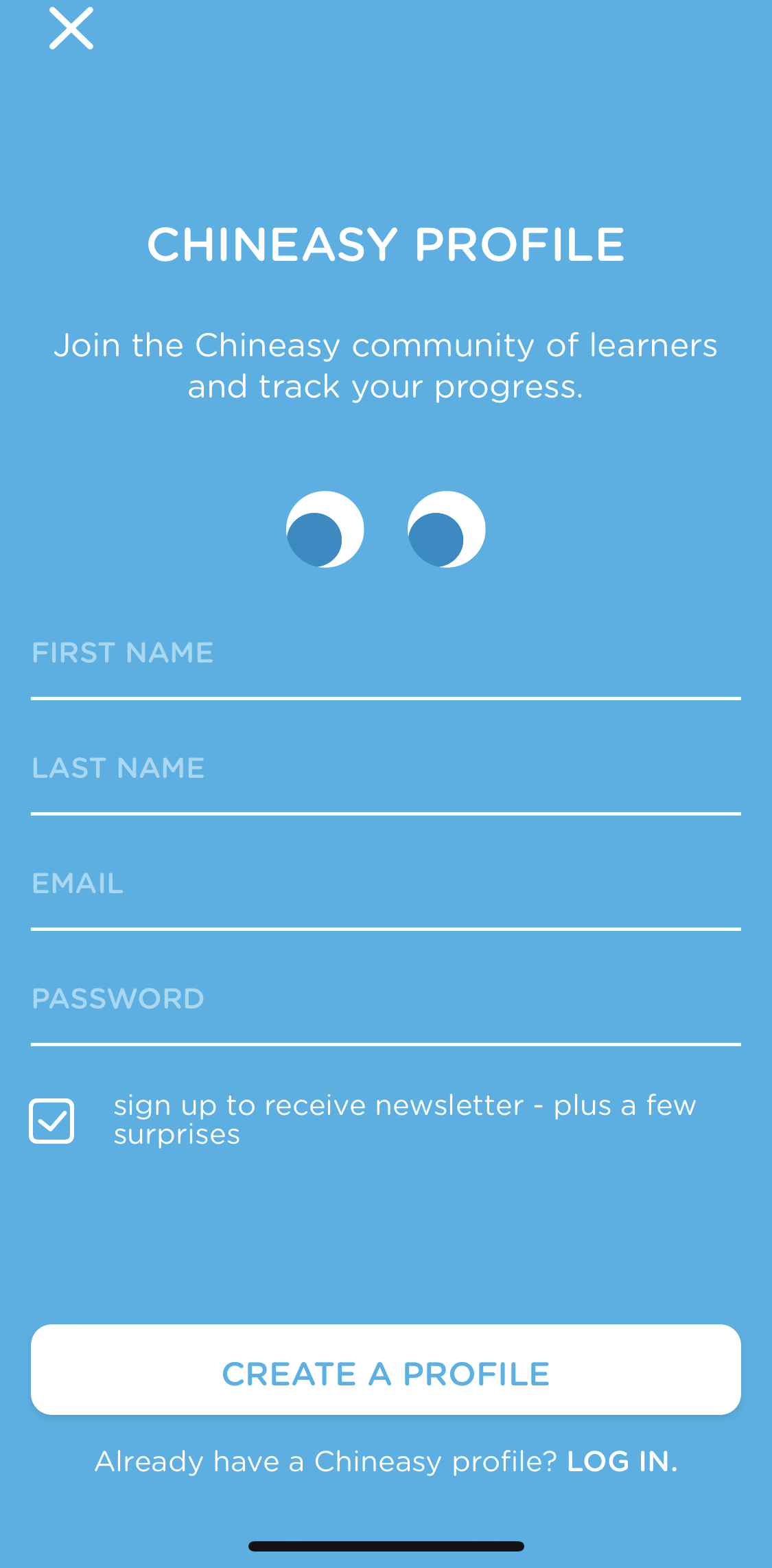 Chineasy Sign up screen in the General Browsing flow
