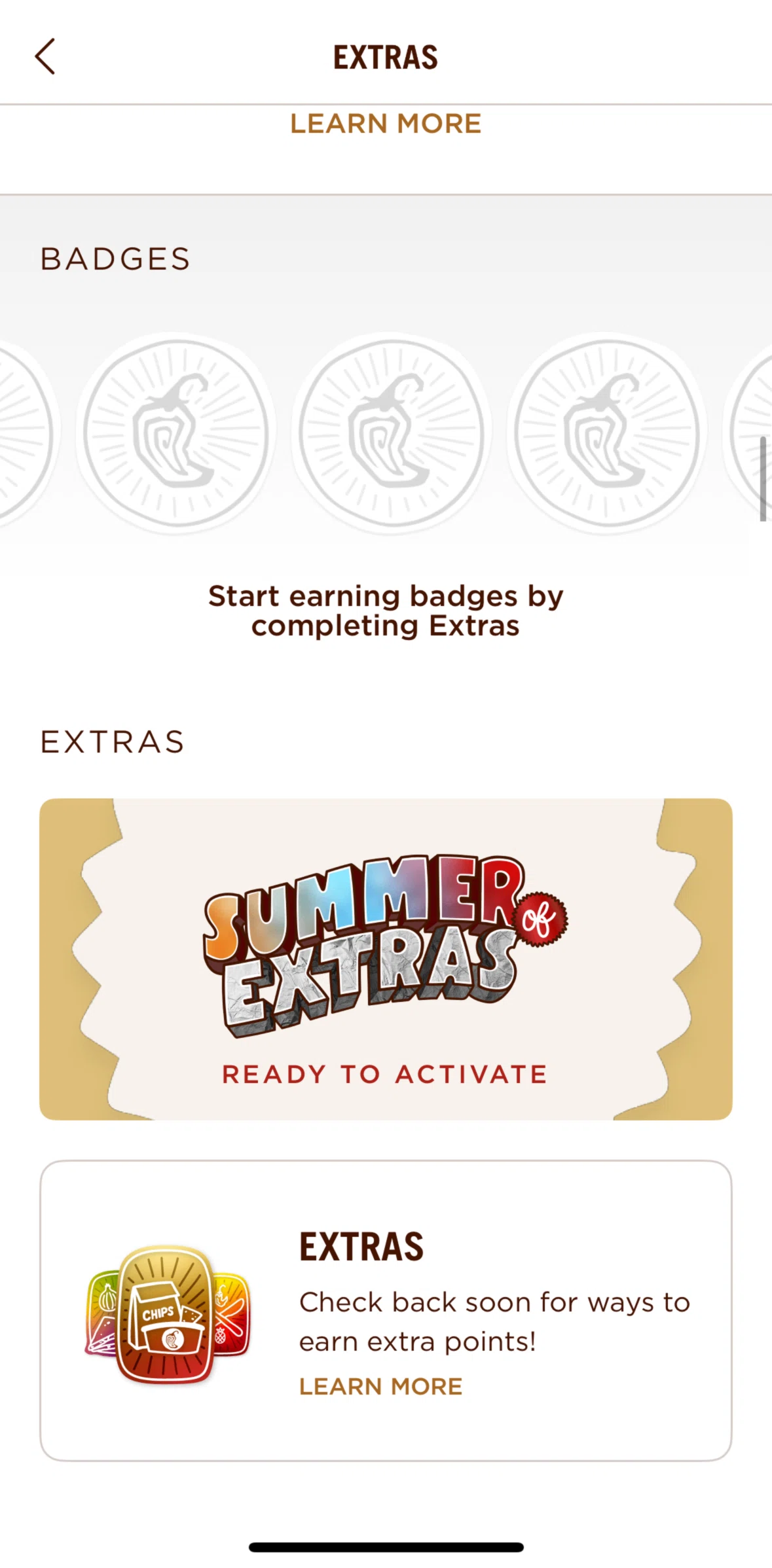 Chipotle Screen screen in the Activating extras flow