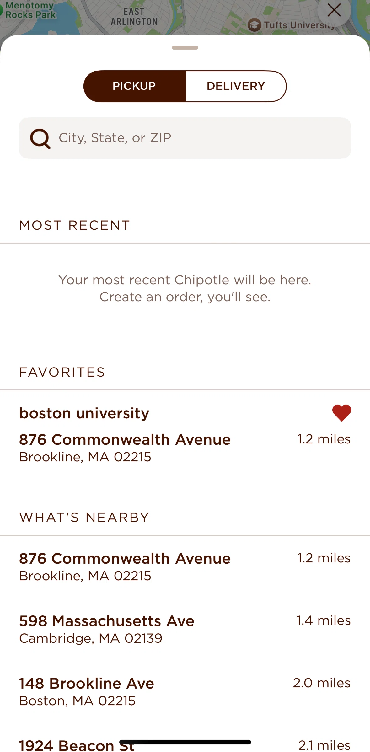 Chipotle Screen screen in the Adding a delivery address flow