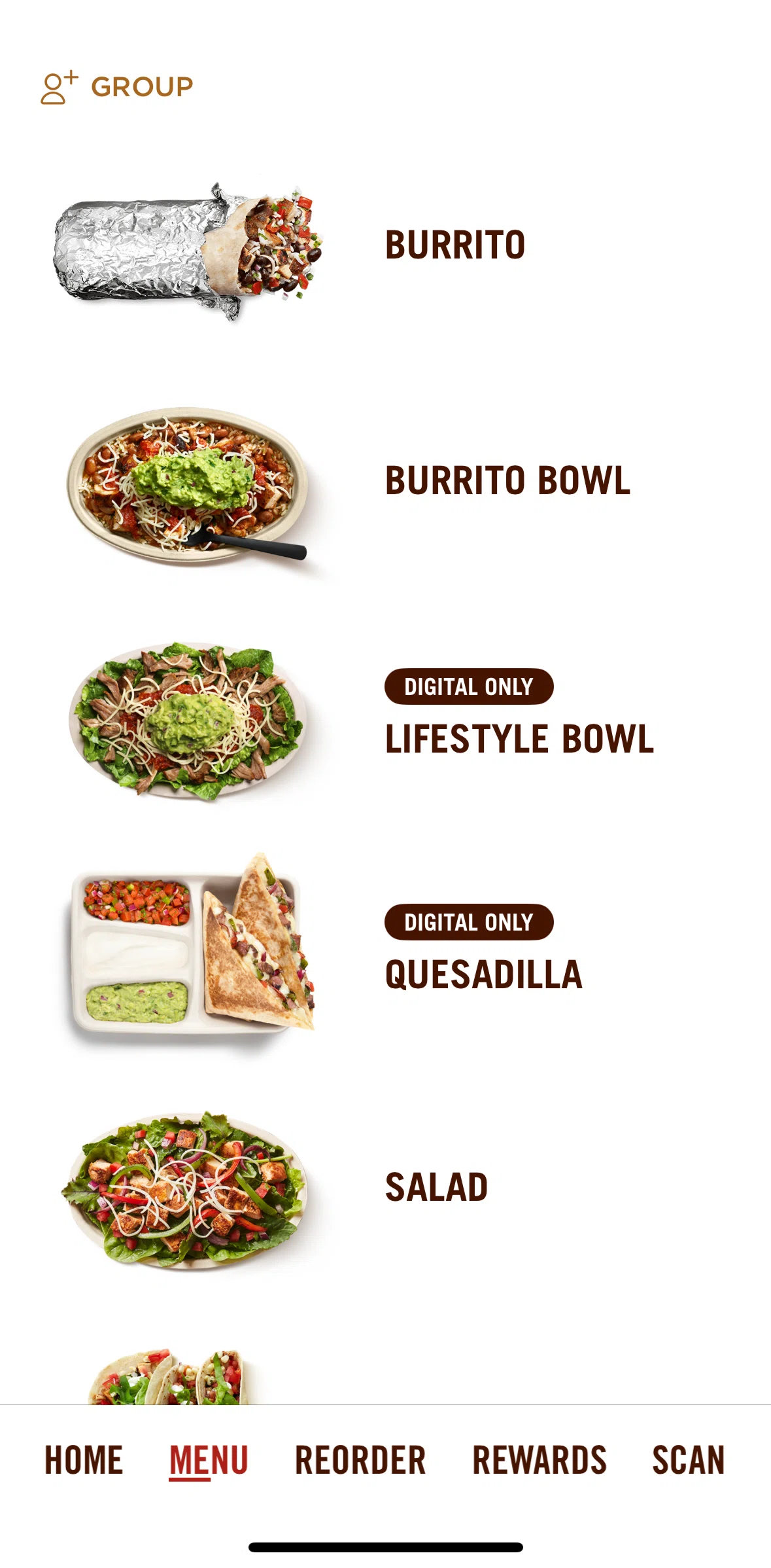 Chipotle Screen screen in the Adding a group order flow