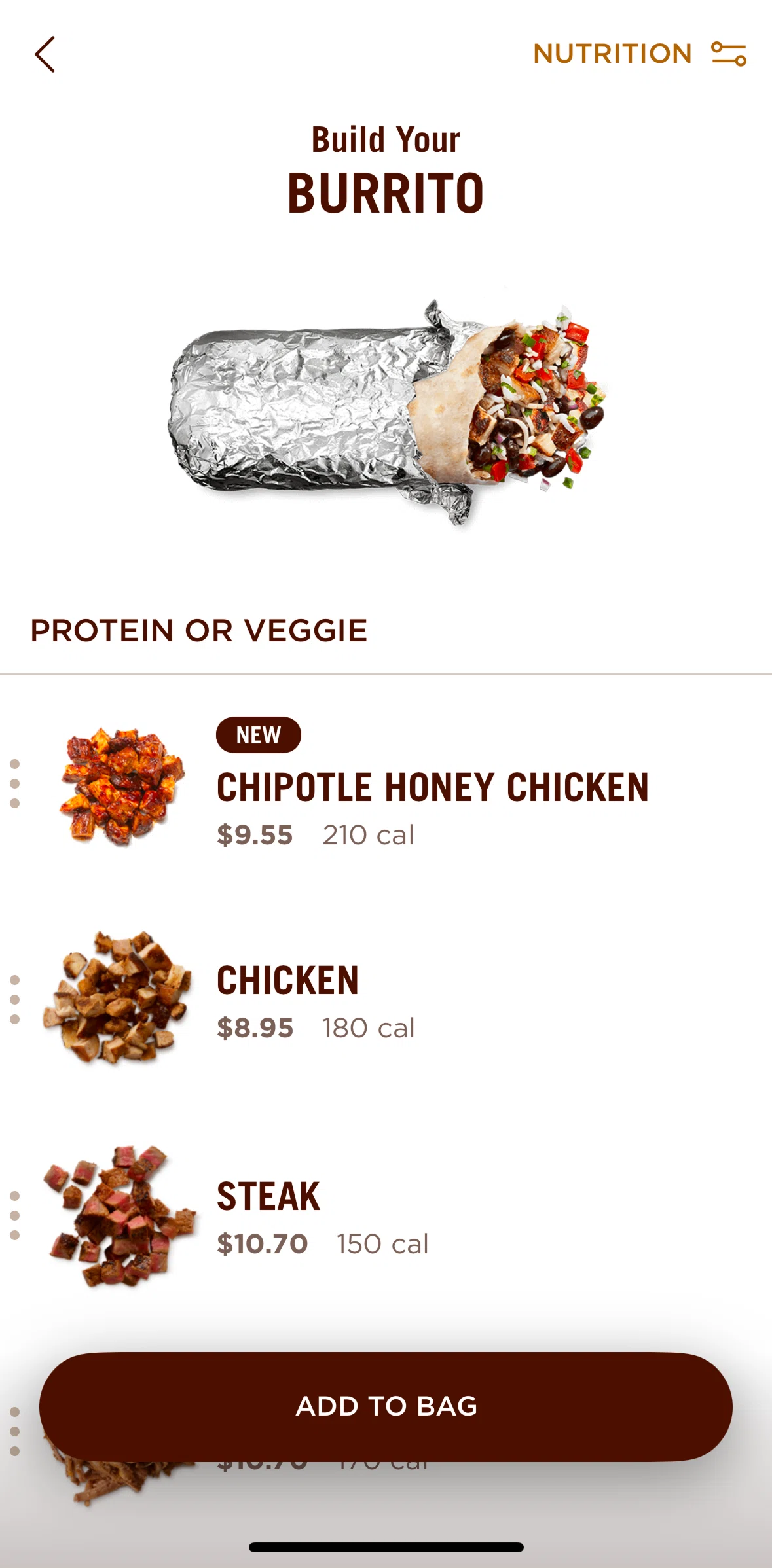 Chipotle Screen screen in the Adding nutrition preferences flow
