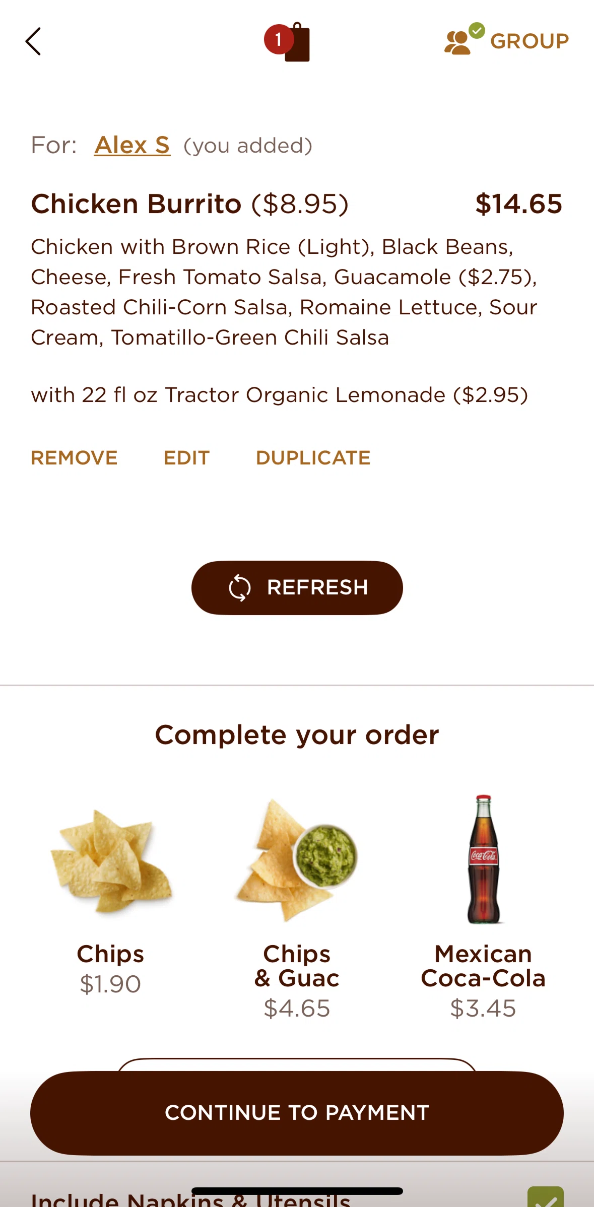 Chipotle Screen screen in the Checking out a product (delivery) flow