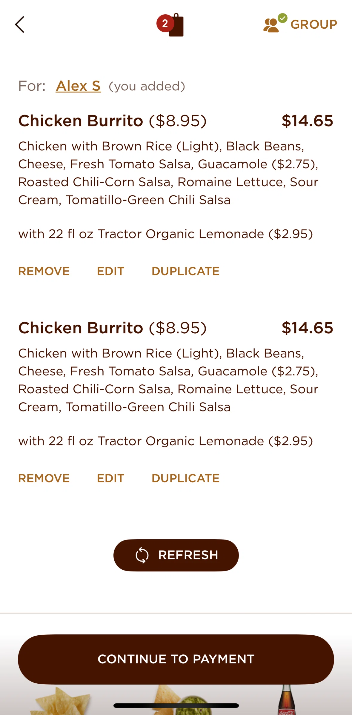 Chipotle Screen screen in the Editing a menu flow