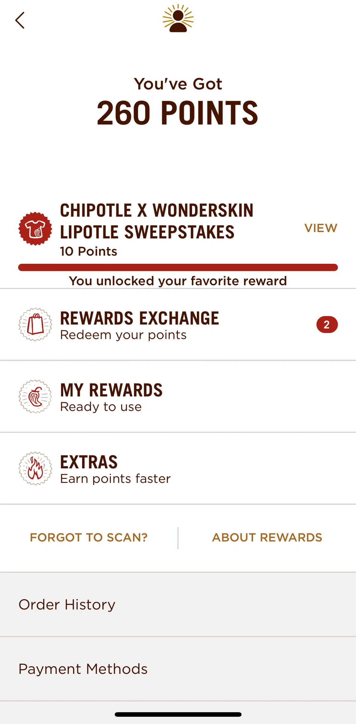 Chipotle Screen screen in the Payment methods flow