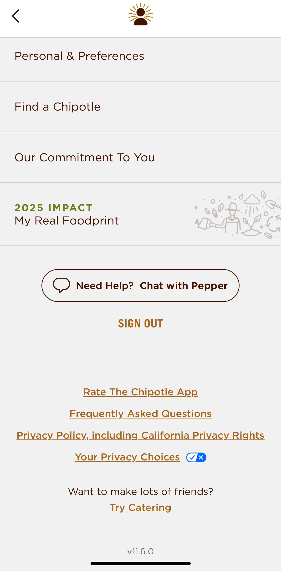 Chipotle Screen screen in the Personal and preferences flow