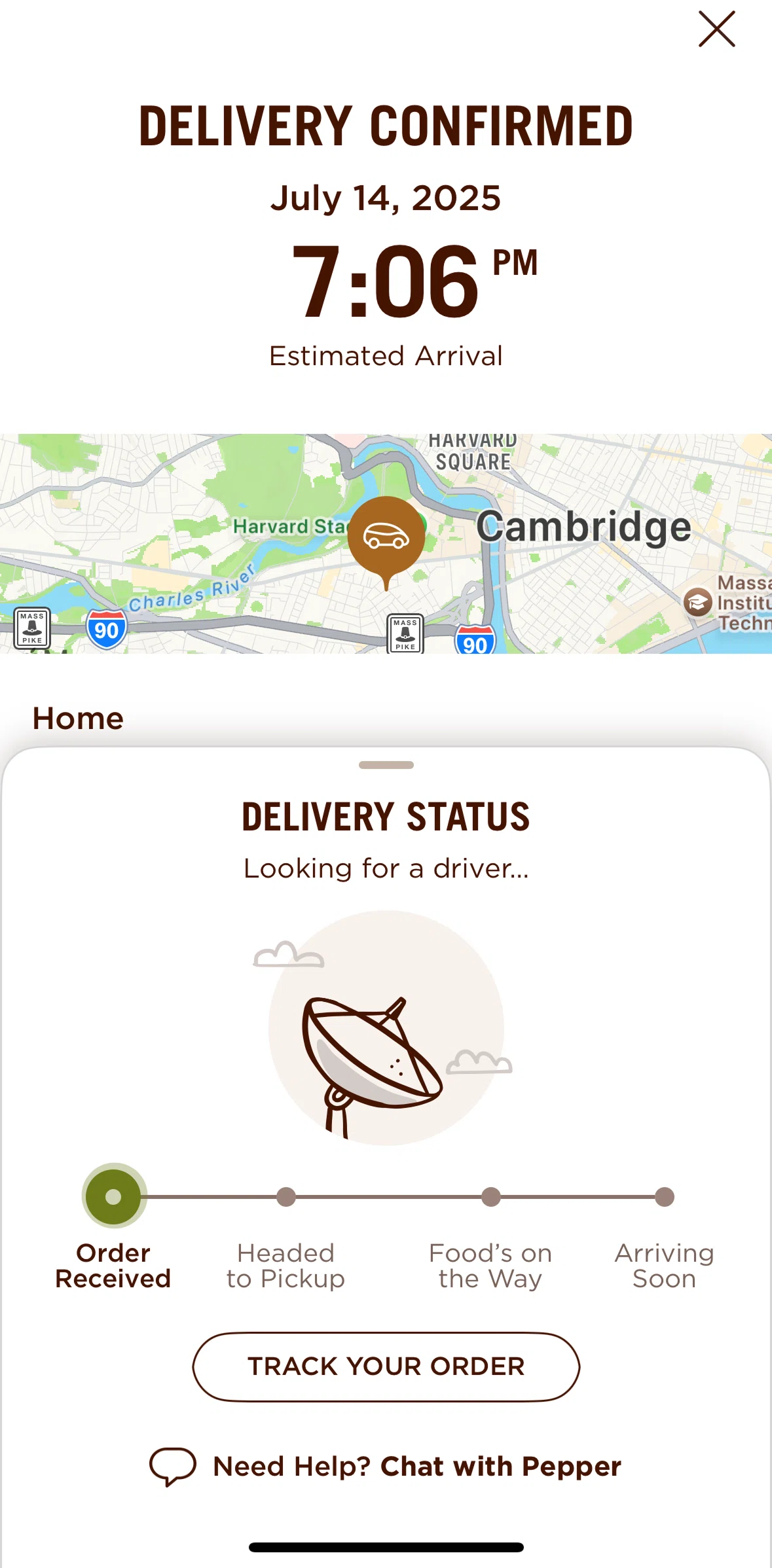 Chipotle Screen screen in the Tracking your order (delivered) flow