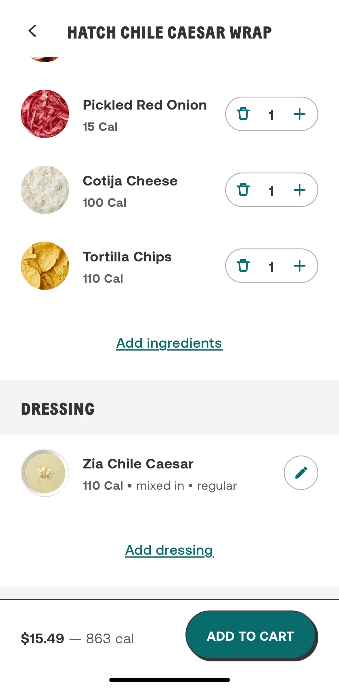 CHOPT Screen screen in the Adding an ingredient flow