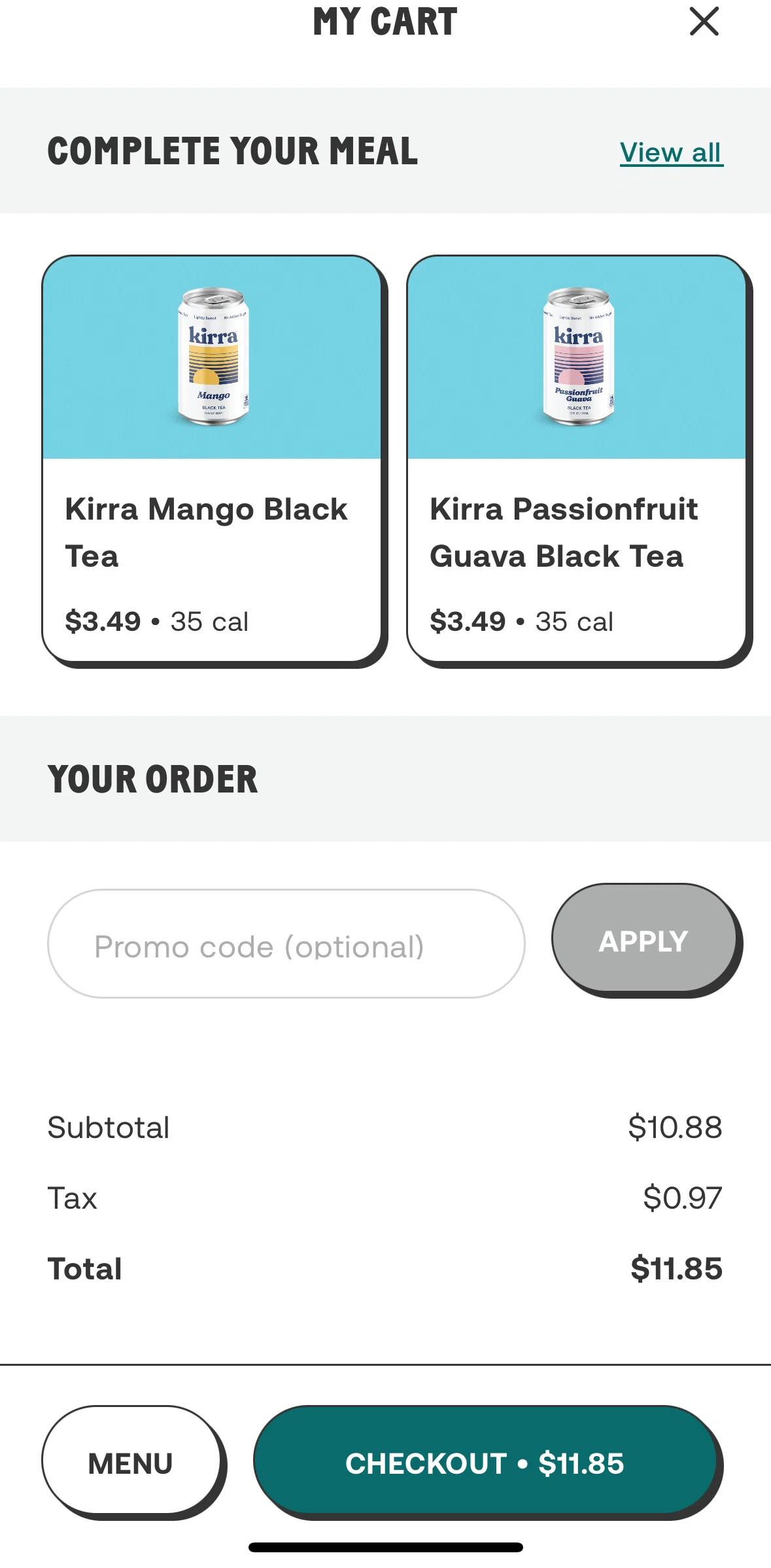 CHOPT Screen screen in the Checking out an order flow