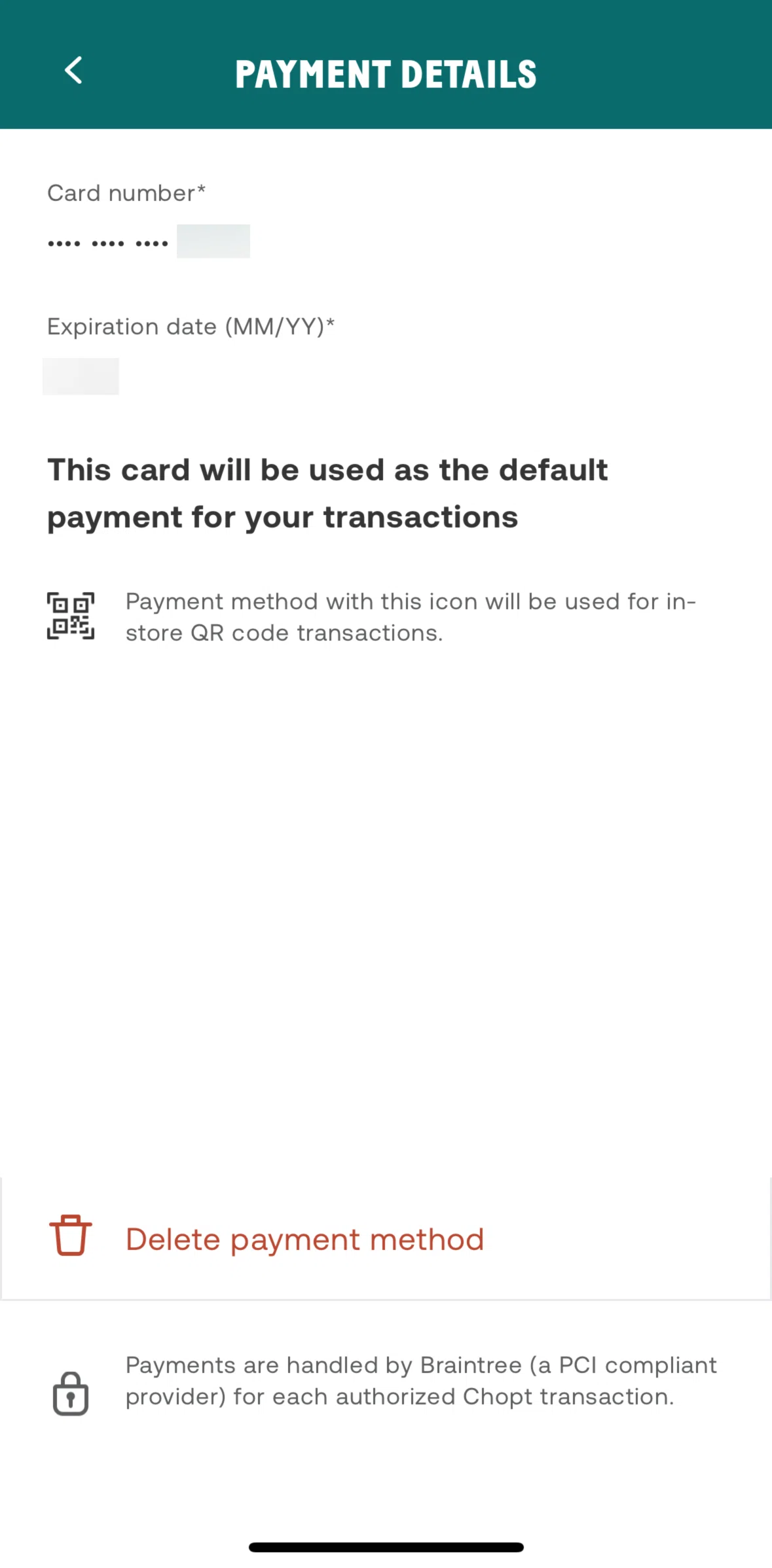 CHOPT Screen screen in the Deleting a payment method flow