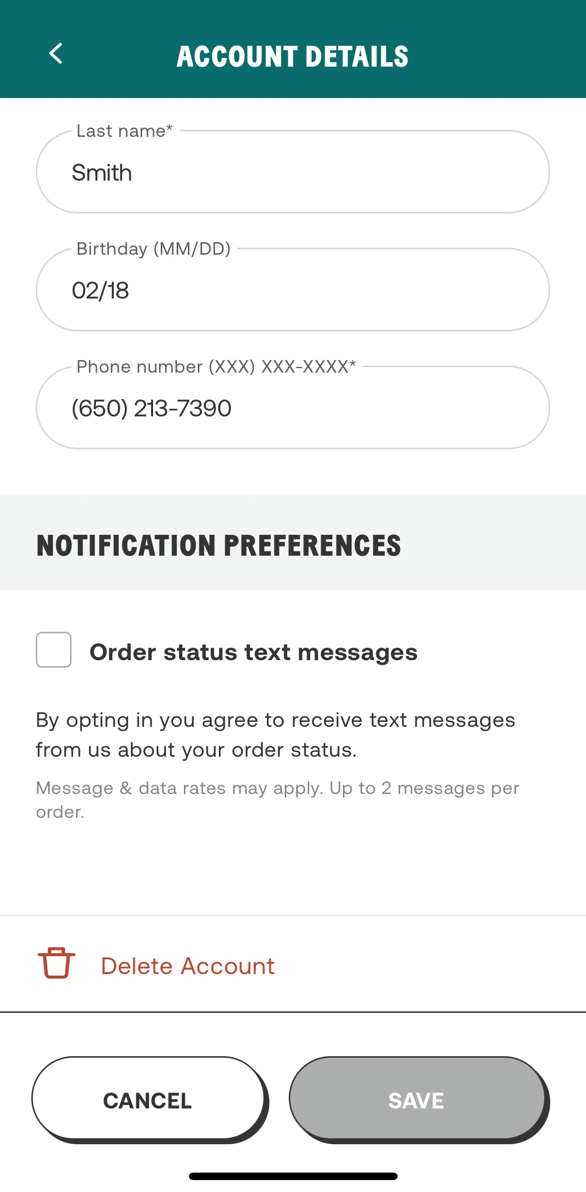 CHOPT Screen screen in the Deleting an account flow