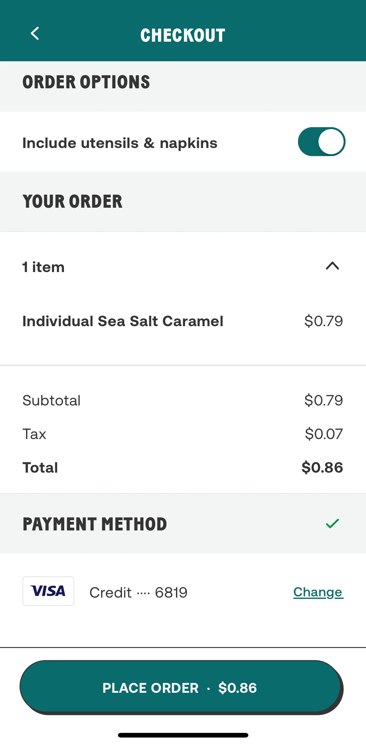 CHOPT Screen screen in the Placing an order flow