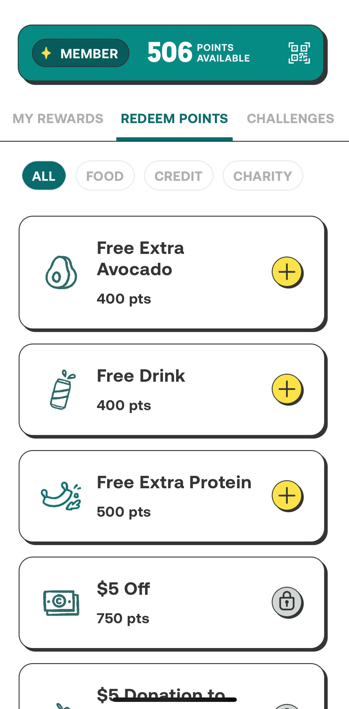CHOPT Screen screen in the Redeeming points flow