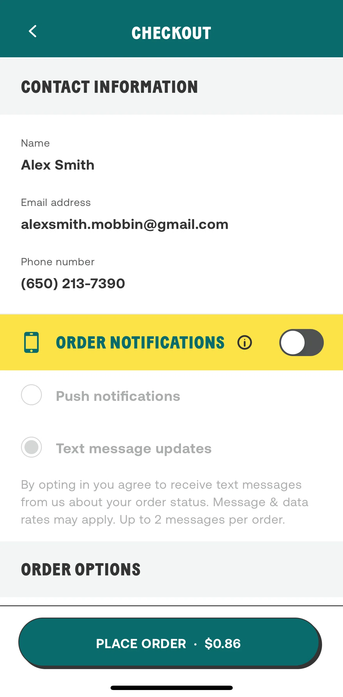CHOPT Screen screen in the Turning on order notifications flow