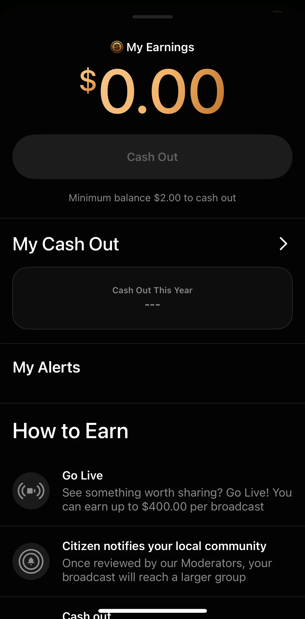 Citizen Screen screen in the Cash out history flow