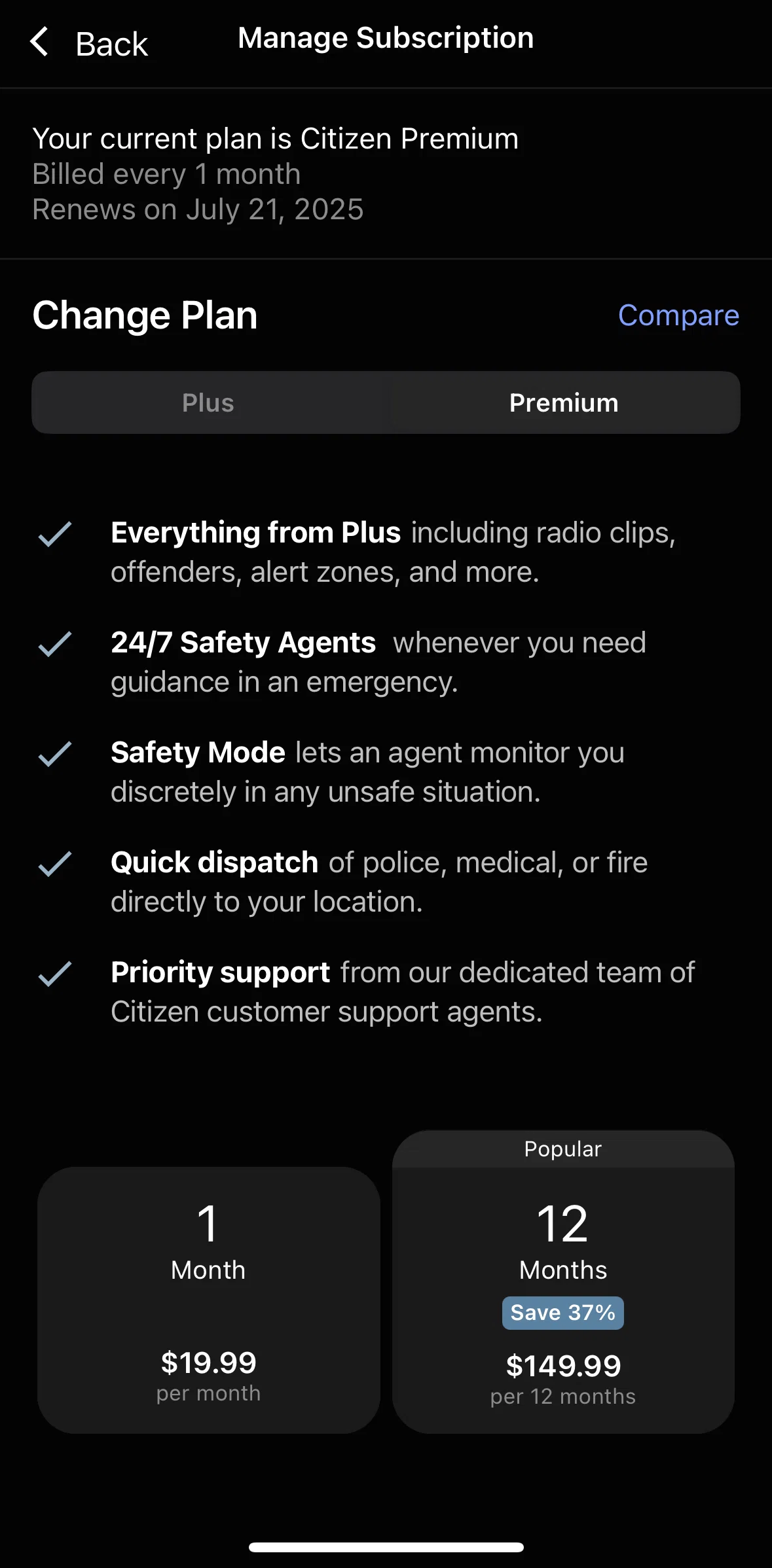 Citizen Screen screen in the Compare plans flow