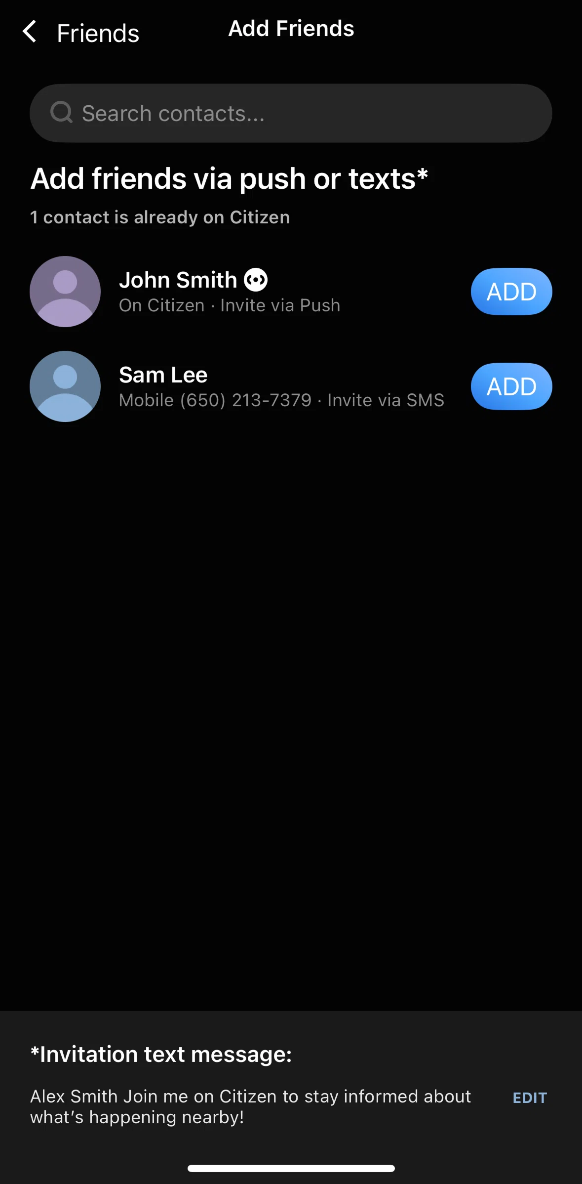 Citizen Screen screen in the Editing invitation text message flow