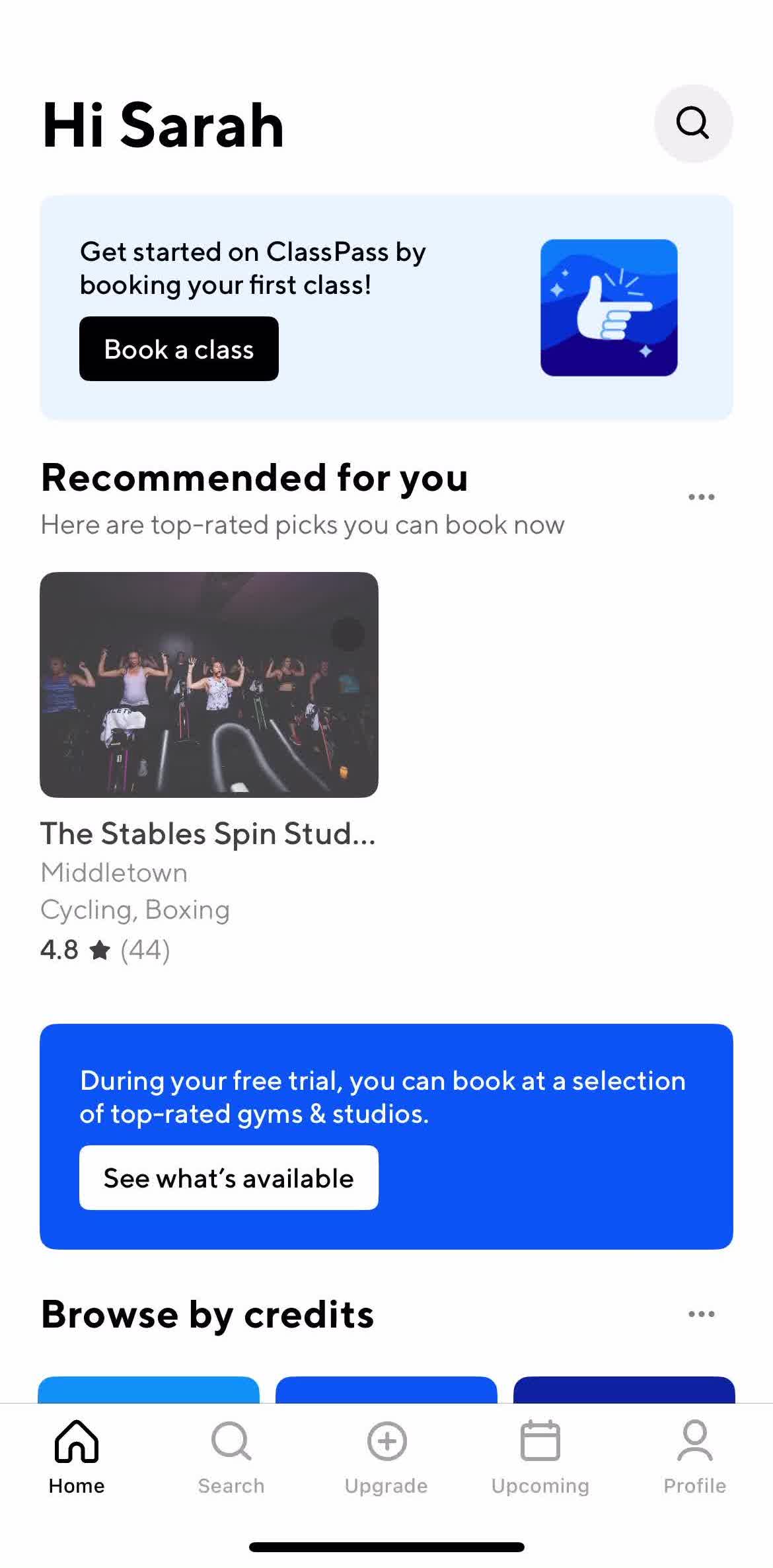 Classpass Home screen in the Booking A Class flow