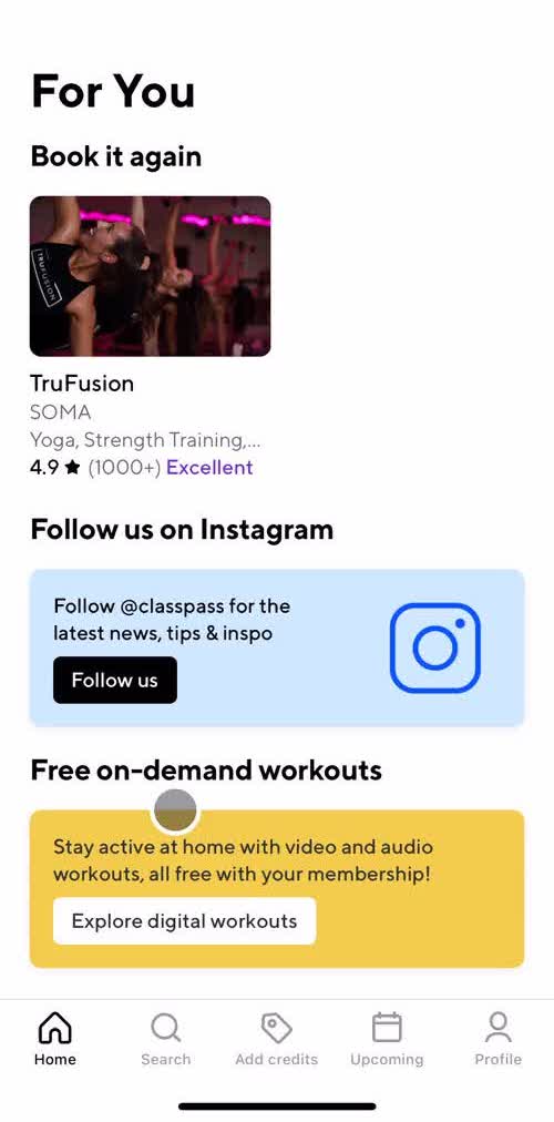 Classpass Home screen in the Cancelling An Order flow