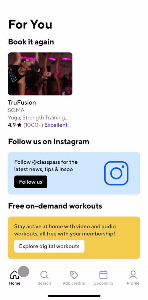 Classpass Home screen in the Discovering Content flow