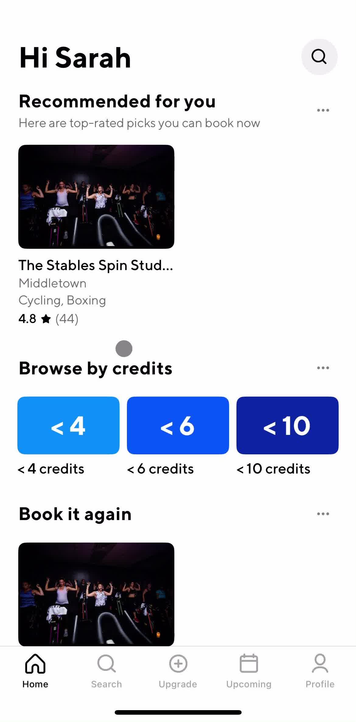 Classpass Home screen in the General Browsing flow