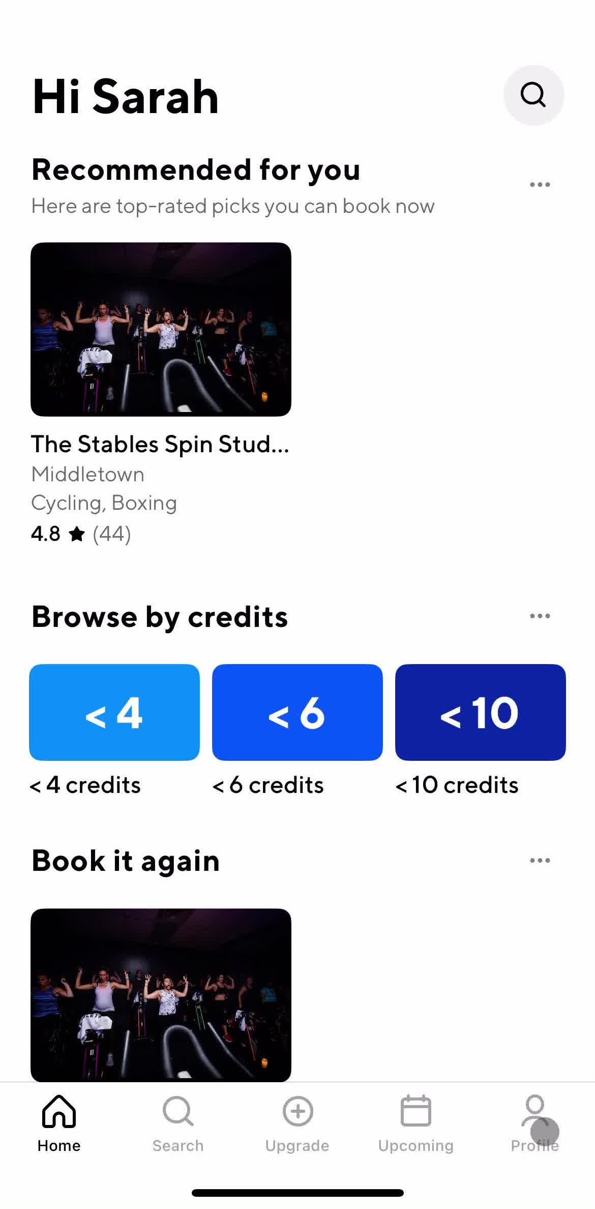 Classpass Home screen in the Inviting People flow