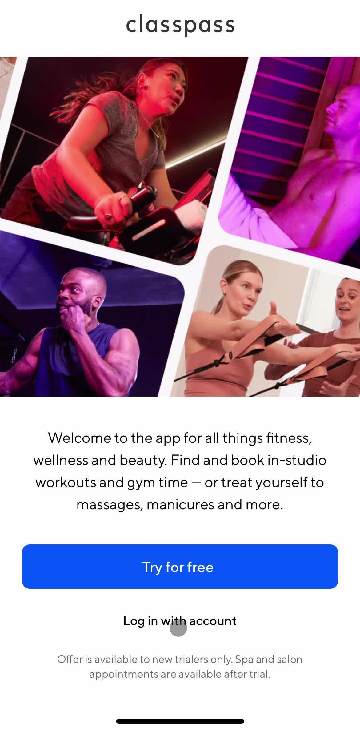 Classpass Get started screen in the Logging In flow