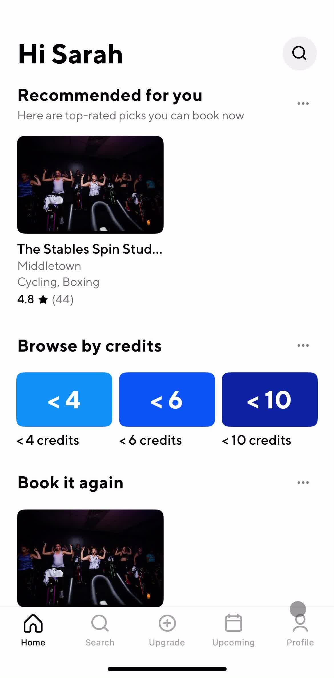 Classpass Home screen in the Logging Out flow
