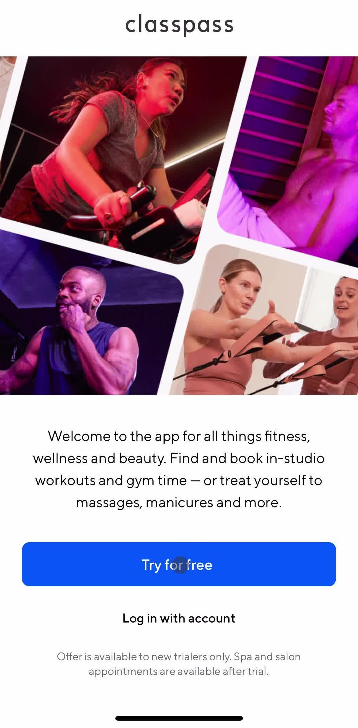 Classpass Get started screen in the Onboarding flow