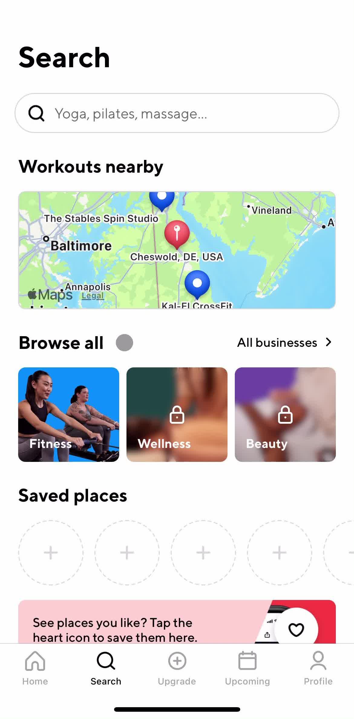 Classpass Search screen in the Saving flow