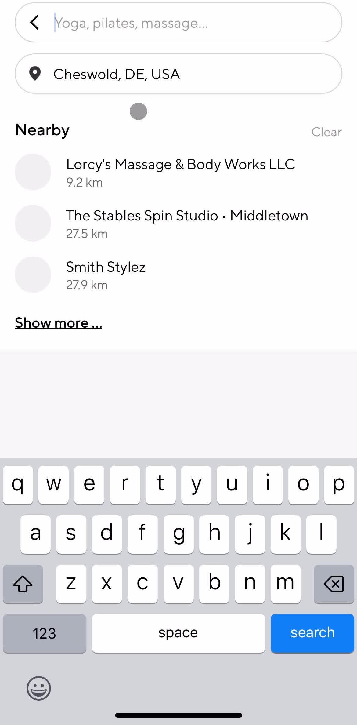 Classpass Search screen in the Searching flow