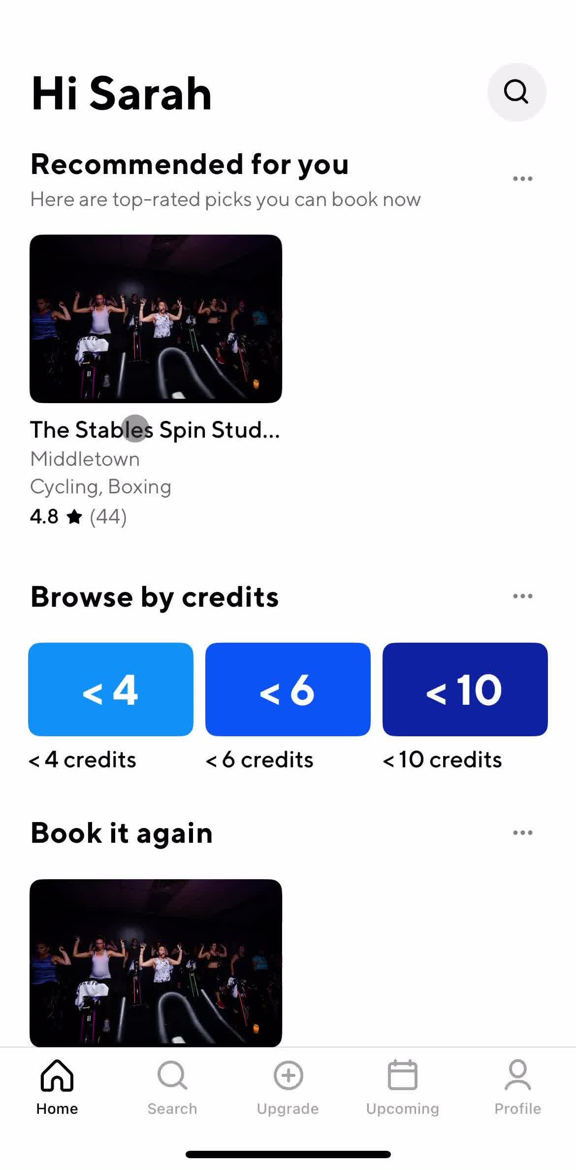 Classpass Home screen in the Sharing flow