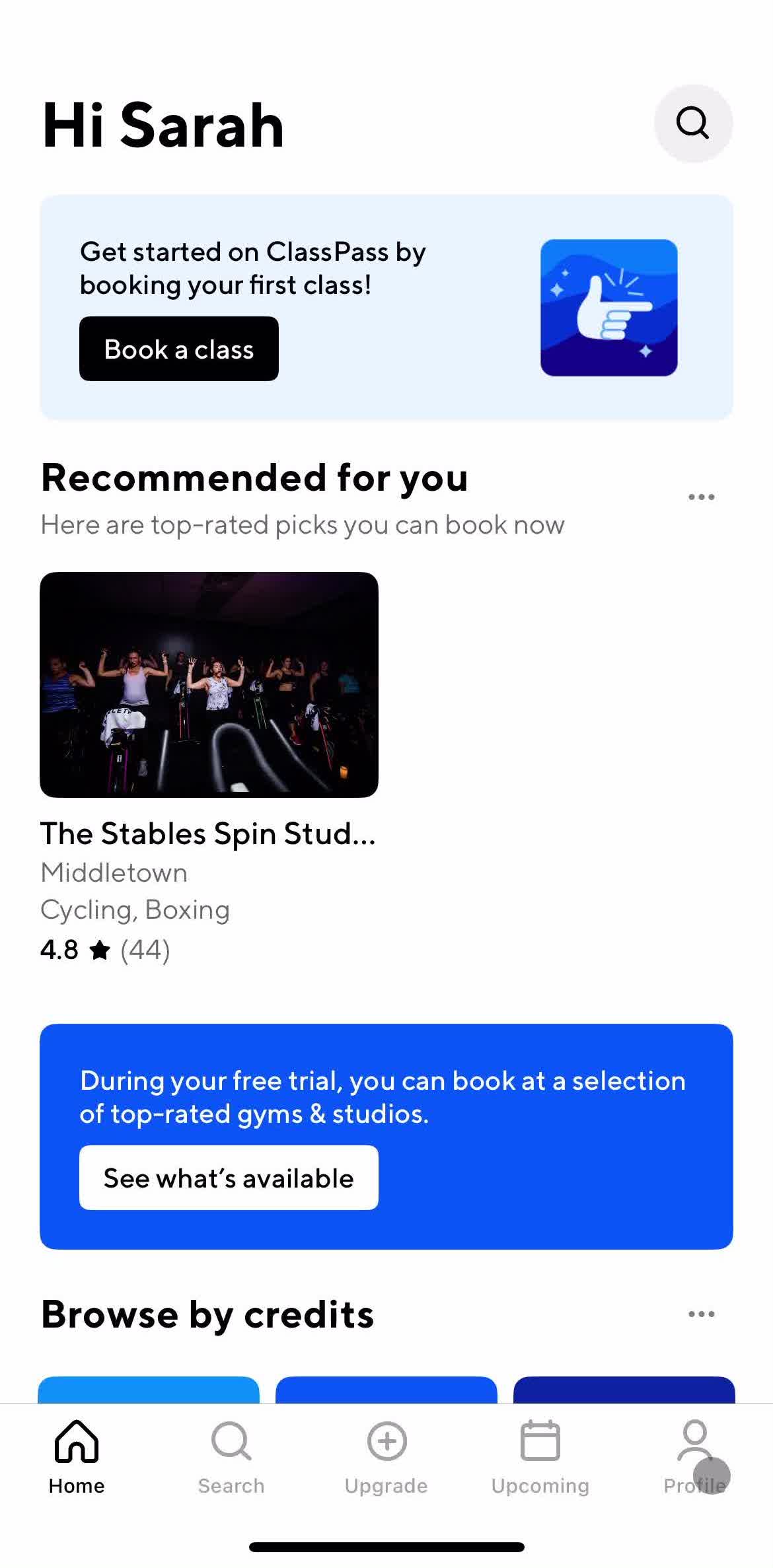 Classpass Home screen in the Updating Your Profile flow