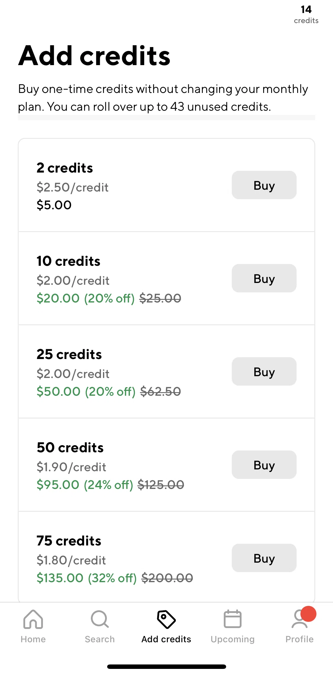 ClassPass Screen screen in the Add credits flow