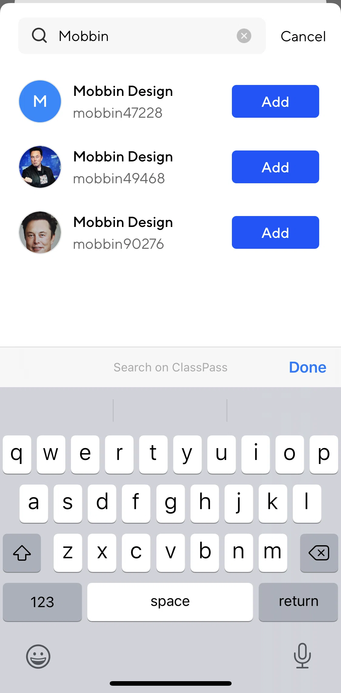 ClassPass Screen screen in the Adding a friend flow