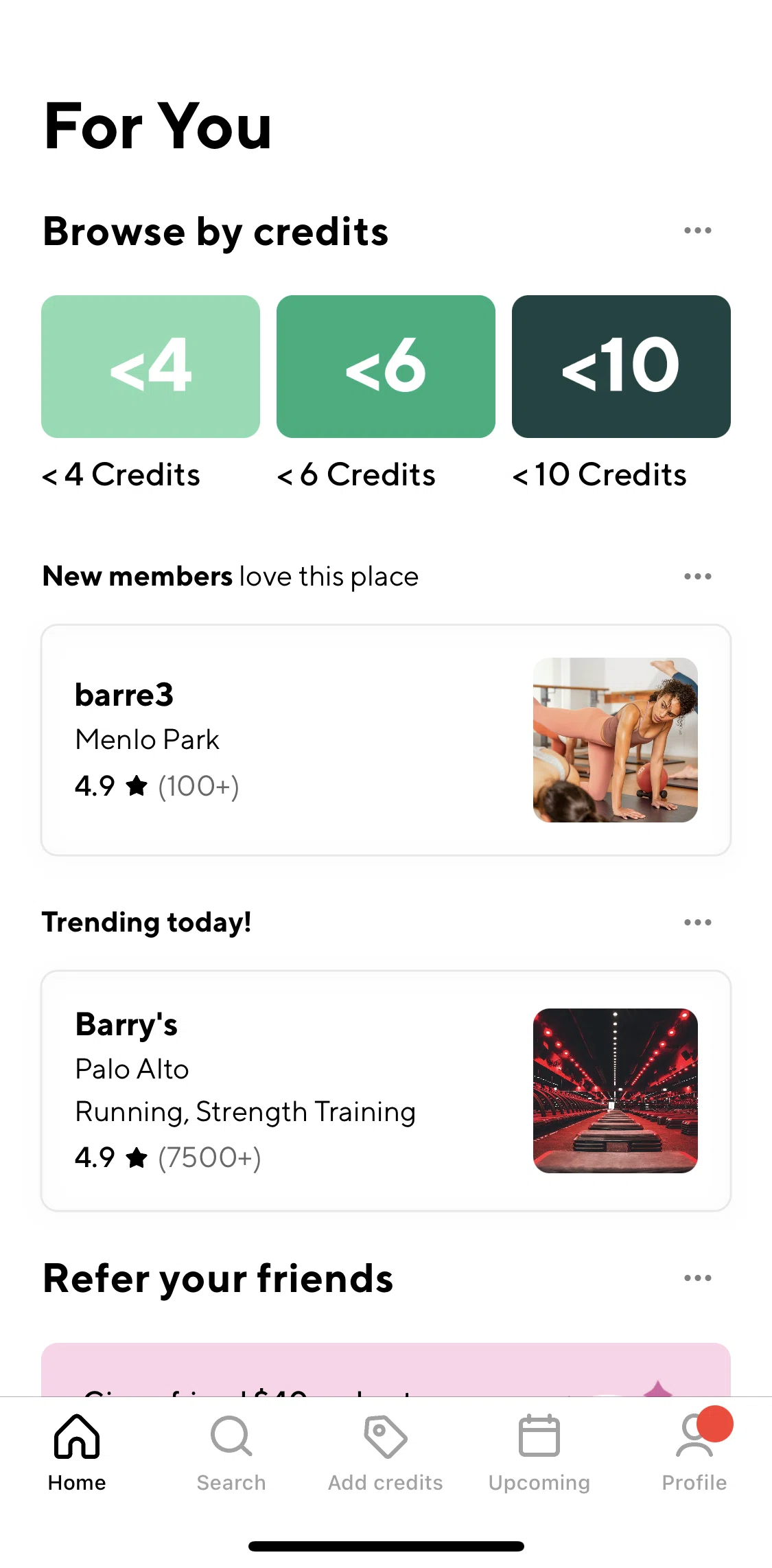 ClassPass Screen screen in the Browsing by credits flow