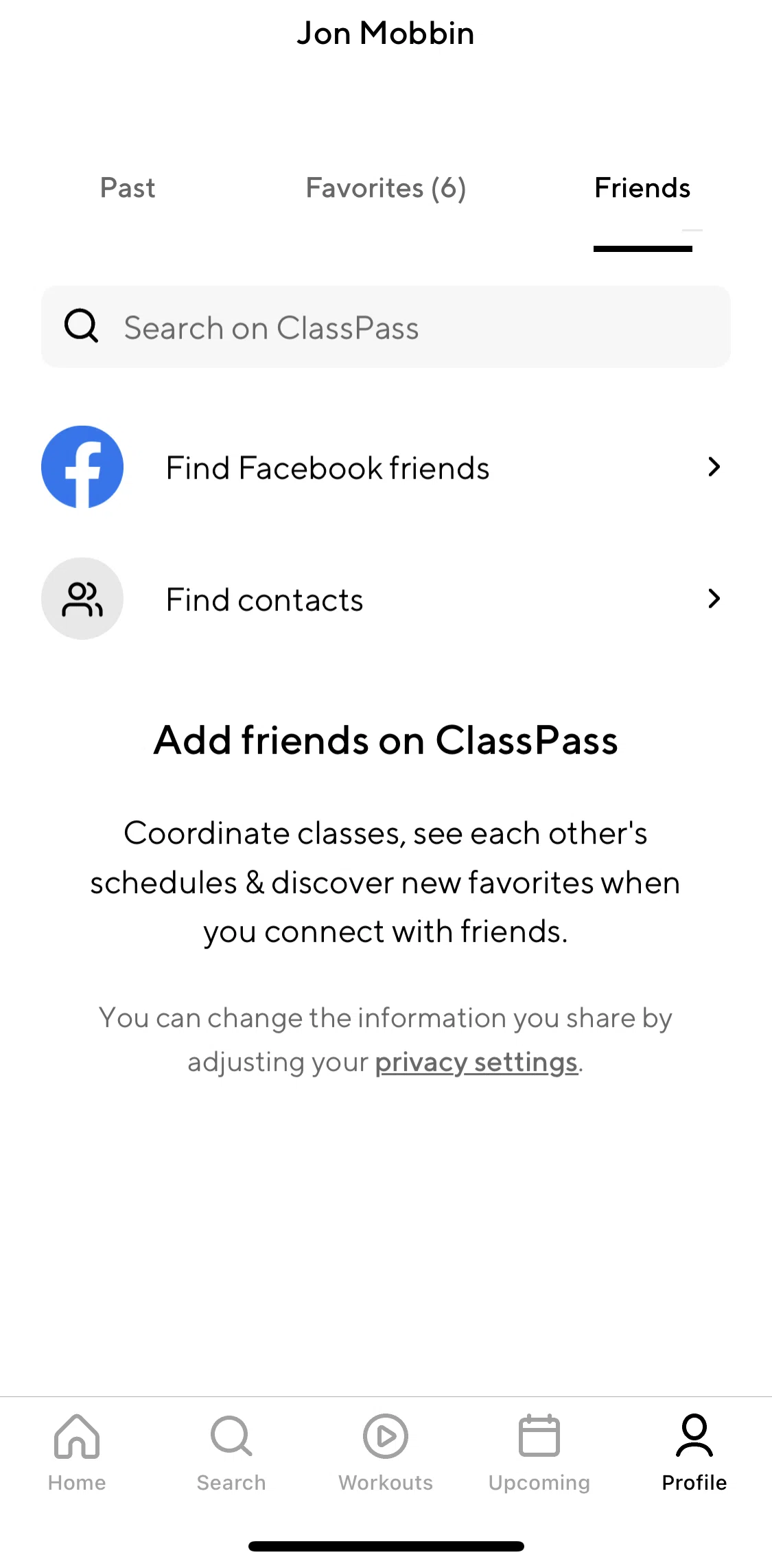 ClassPass Screen screen in the Finding contacts flow