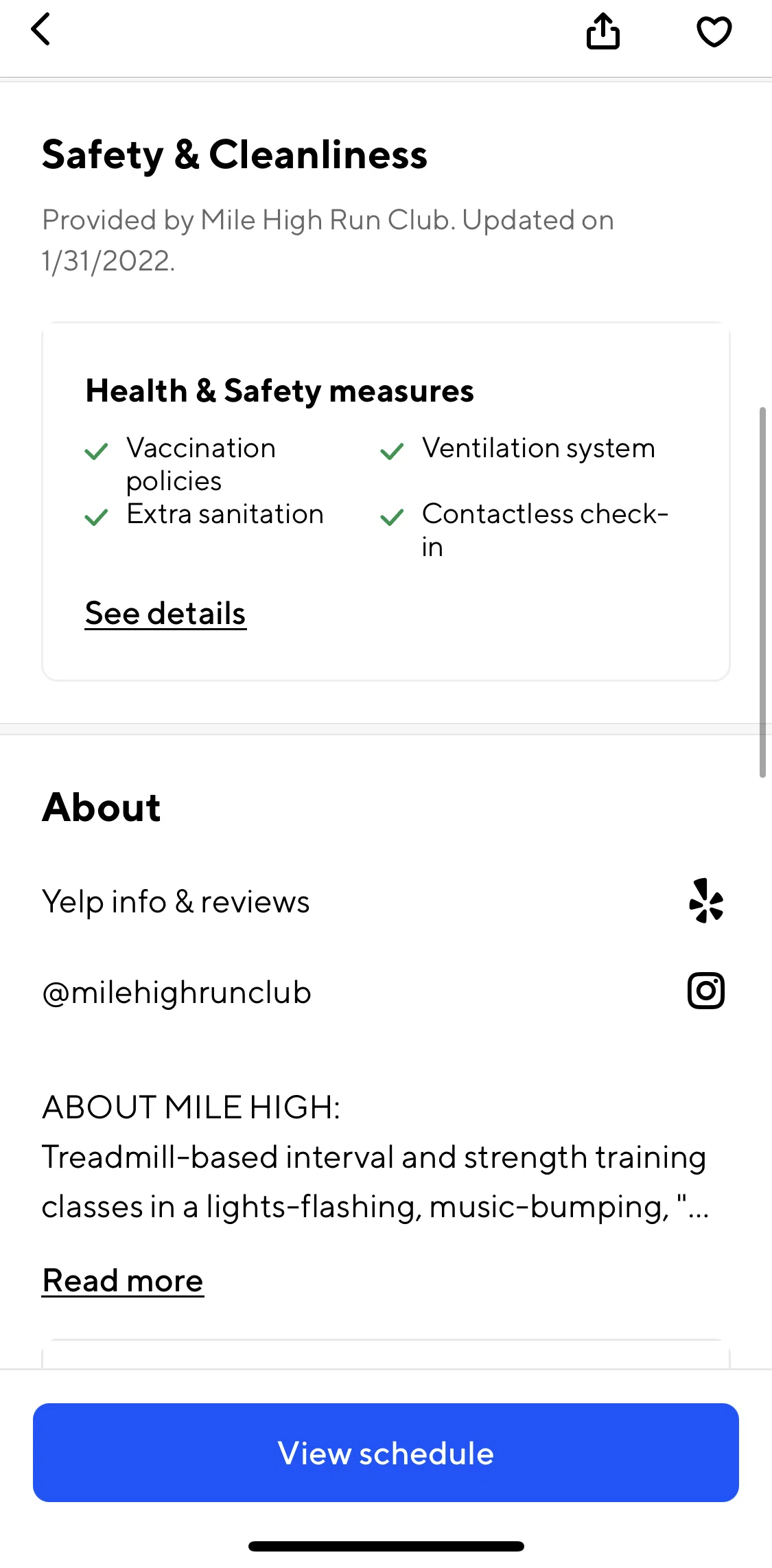 ClassPass Screen screen in the Health & safety info flow