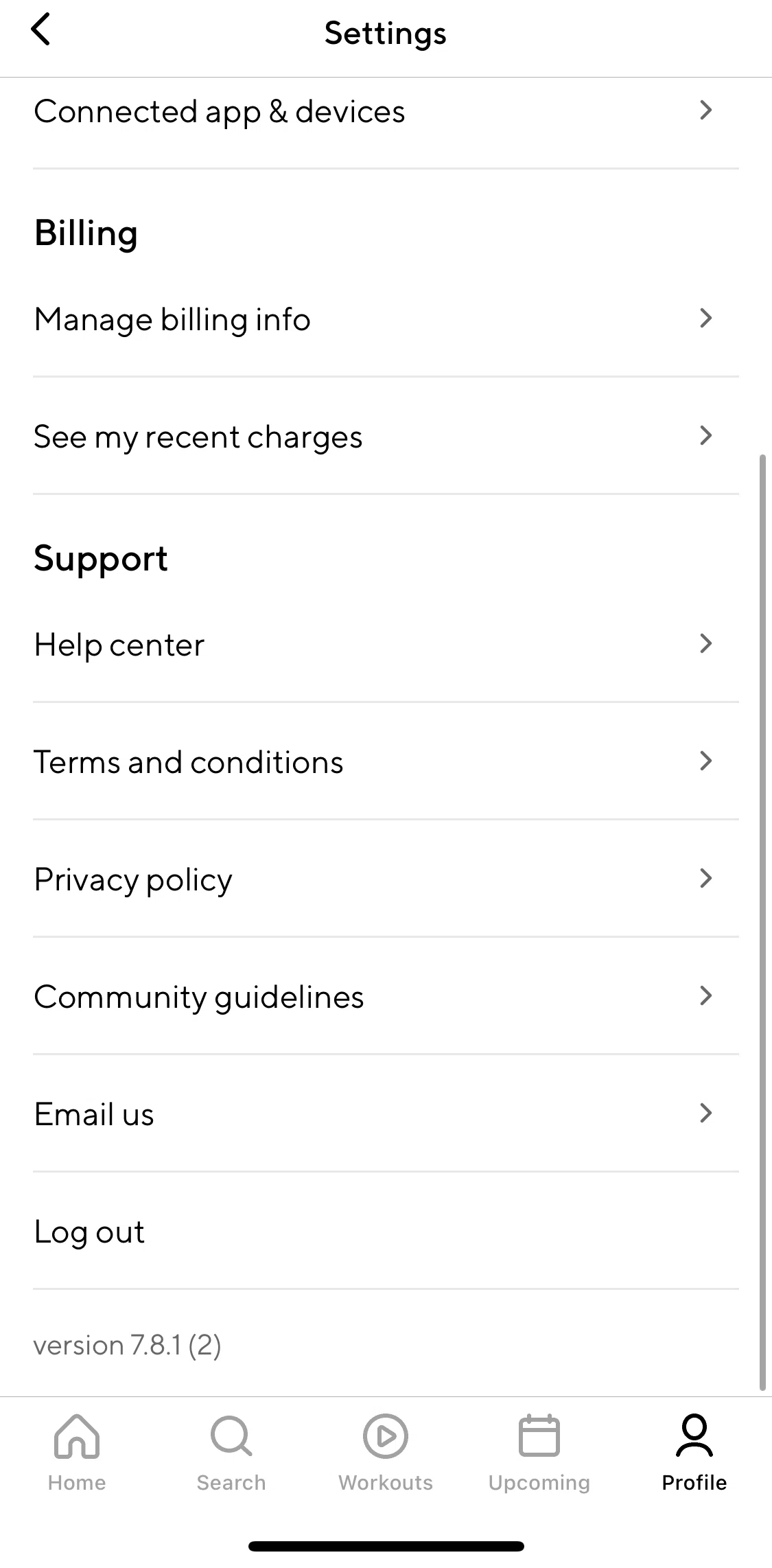 ClassPass Screen screen in the Submitting a feedback flow