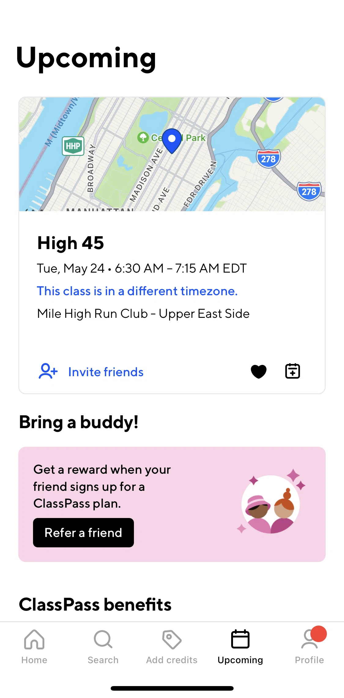 ClassPass Screen screen in the Upcoming flow
