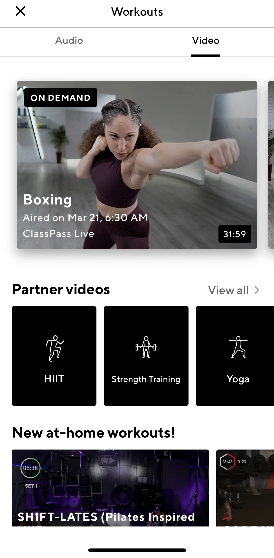 ClassPass Screen screen in the View all partner videos flow