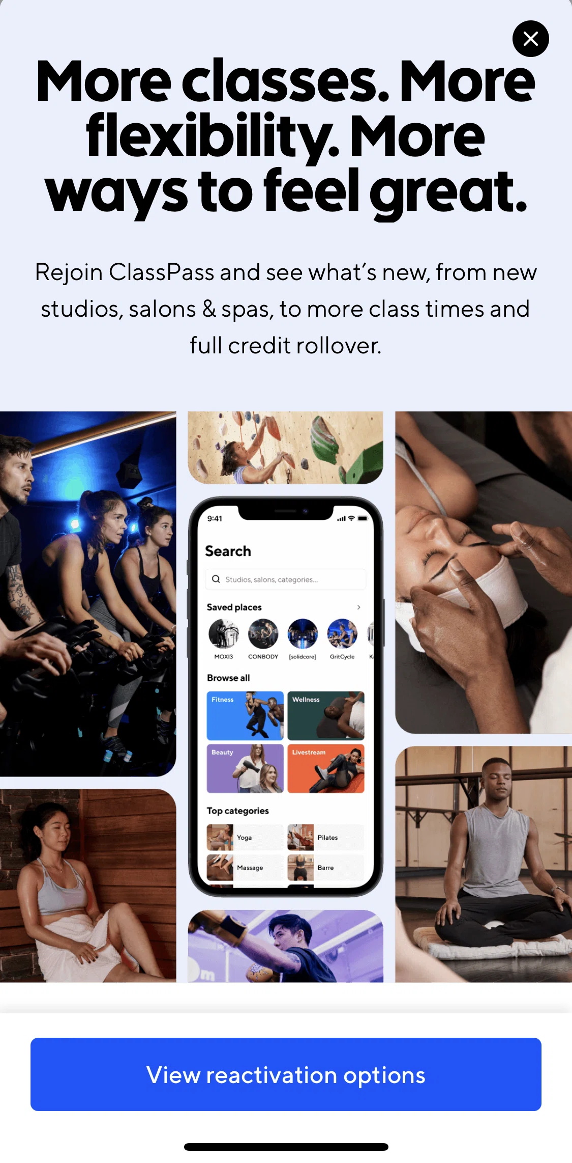 ClassPass Screen screen in the View reactivation options flow
