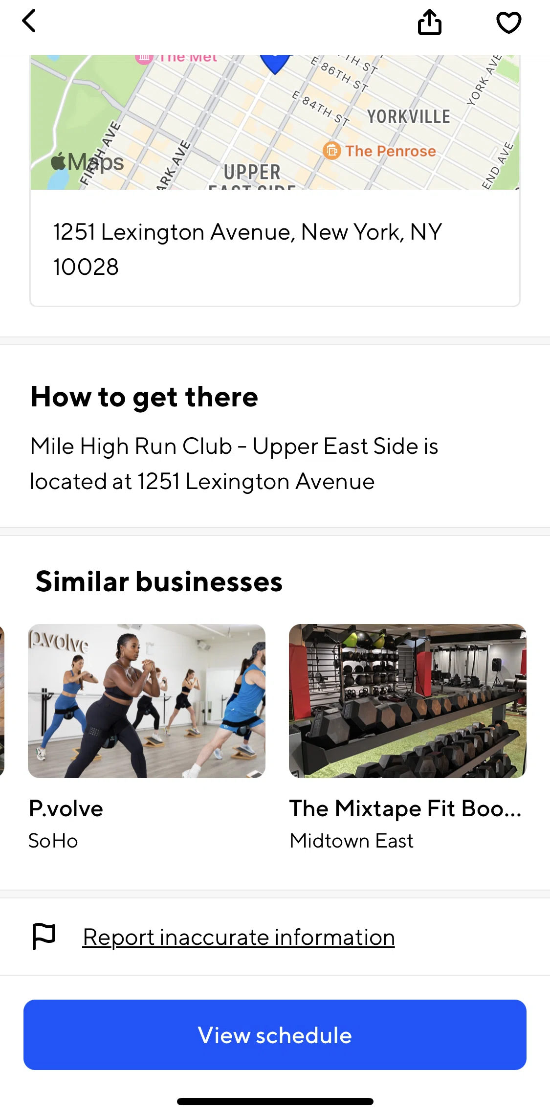 ClassPass Screen screen in the View schedule flow